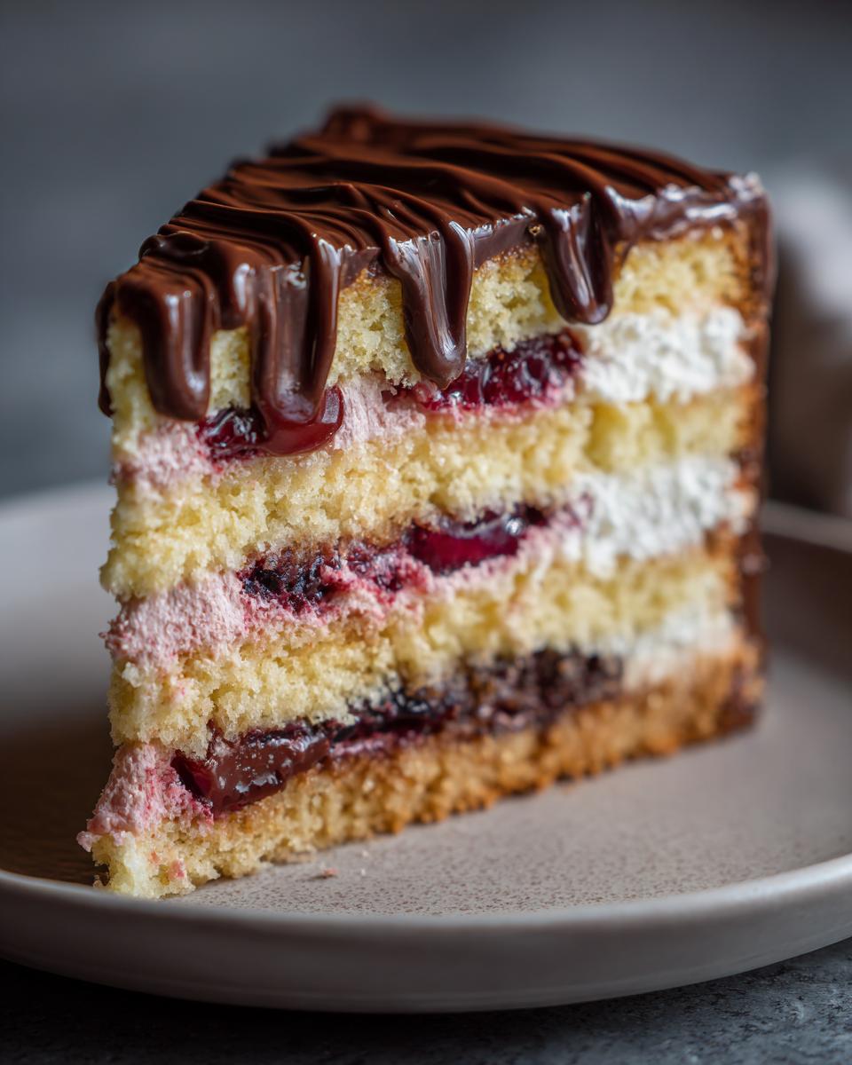 Ein saftiges Stück Donauwelle mit Buttercreme, Schokolade und Kirschen auf einem Teller.