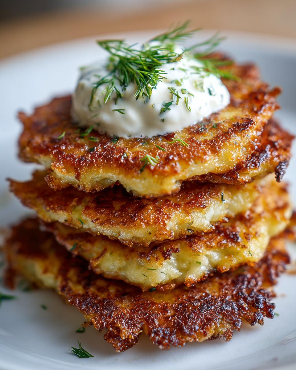 Stapel goldbrauner Draniki – Russische Kartoffelpuffer – garniert mit Schmand und frischem Dill.