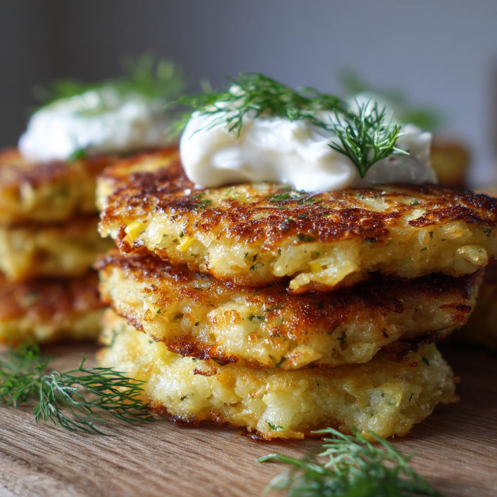 Gestapelte Draniki – Russische Kartoffelpuffer mit Schmand und frischem Dill garniert.