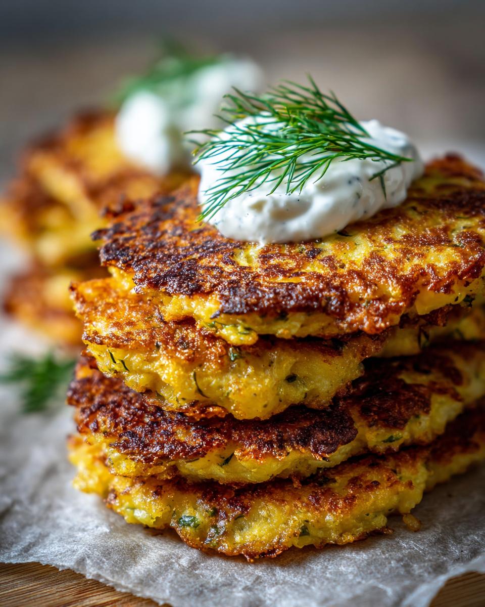 Stapel goldbrauner Draniki – Russische Kartoffelpuffer – garniert mit Schmand und frischem Dill.