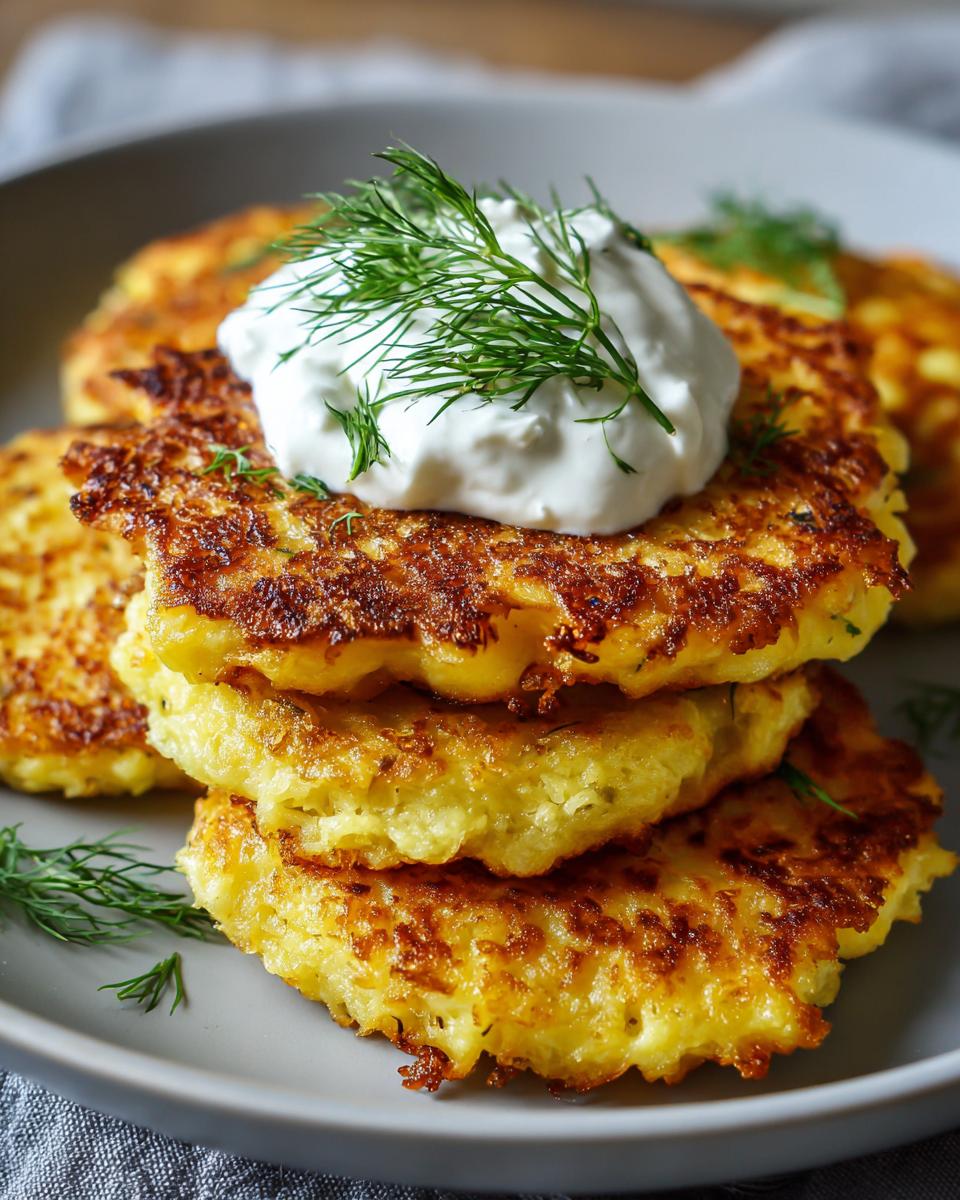 Gestapelte Draniki – Russische Kartoffelpuffer mit Schmand und frischem Dill garniert.