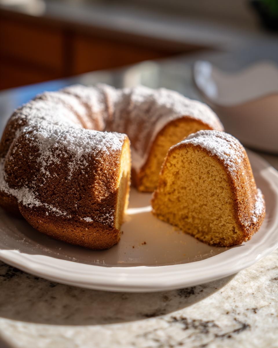 Ein Anschnitt von saftigem Eierlikörkuchen mit Puderzucker bestäubt auf einem Teller.