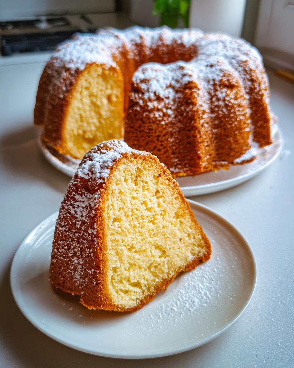 Ein Stück saftiger Eierlikörkuchen mit Puderzucker bestäubt, daneben der ganze Kuchen.