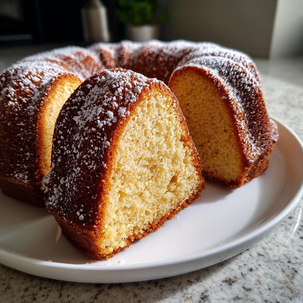Ein Anschnitt von einem saftigen Eierlikörkuchen, bestäubt mit Puderzucker, auf einem weißen Teller.