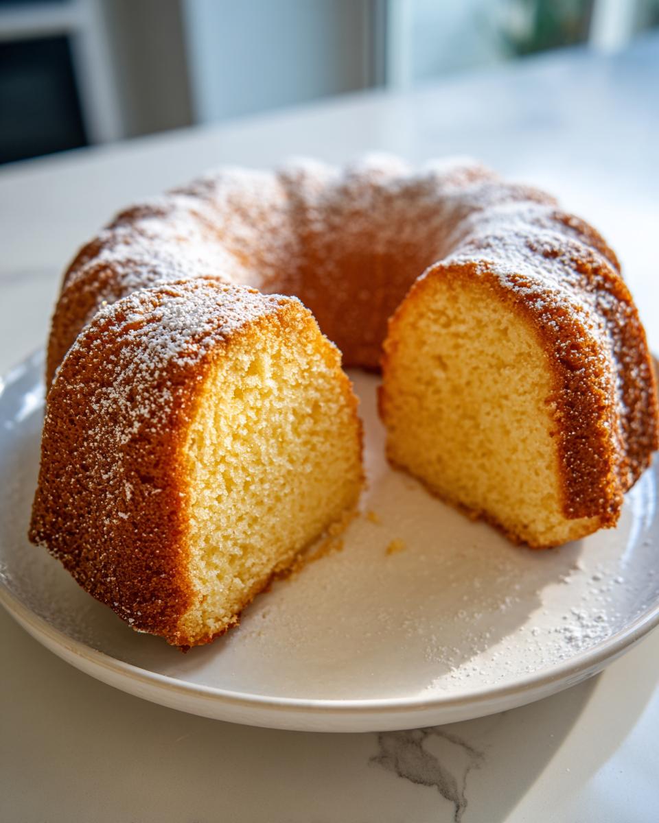 Ein saftiger Eierlikörkuchen mit Puderzucker, angeschnitten auf einem Teller.