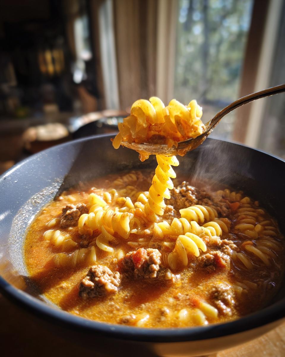 Eine Löffelportion dampfender Eintopf-Makkaroni-Cheeseburger-Suppe mit Hackfleisch und Fusilli-Nudeln.