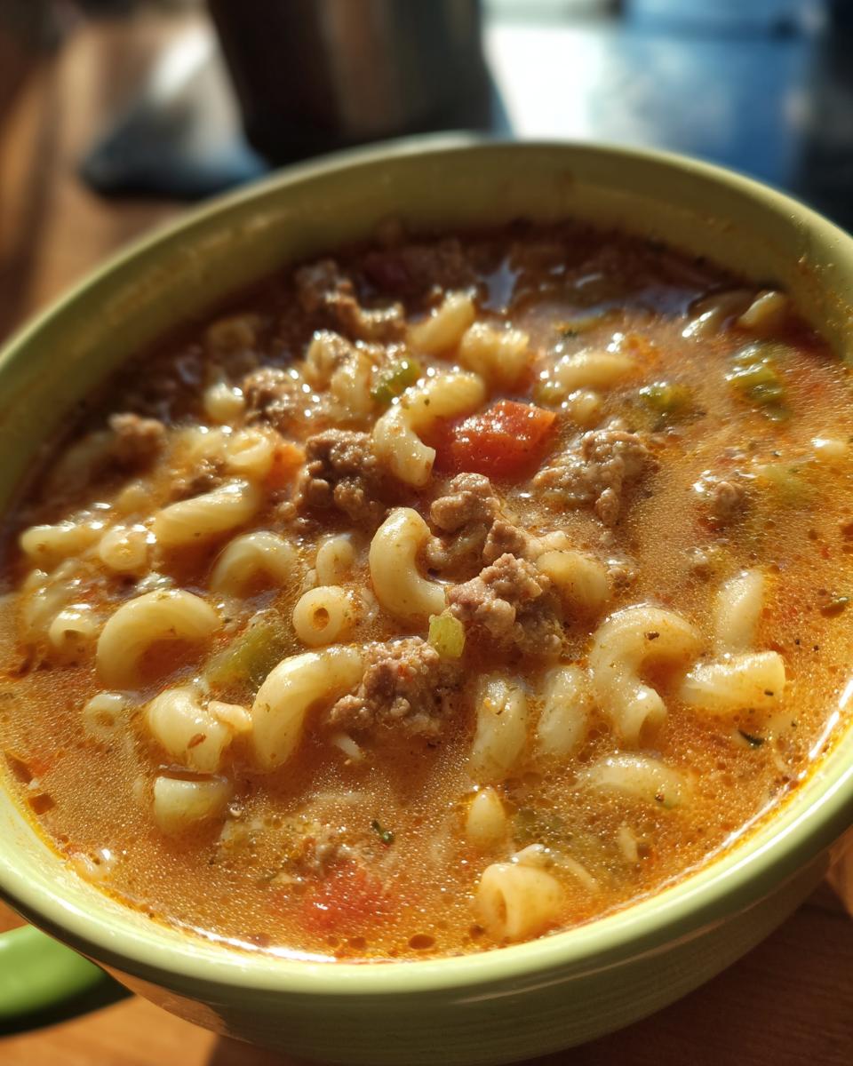 Eine Schüssel mit dampfender Eintopf-Makkaroni-Cheeseburger-Suppe, gefüllt mit Makkaroni, Hackfleisch und Tomaten.