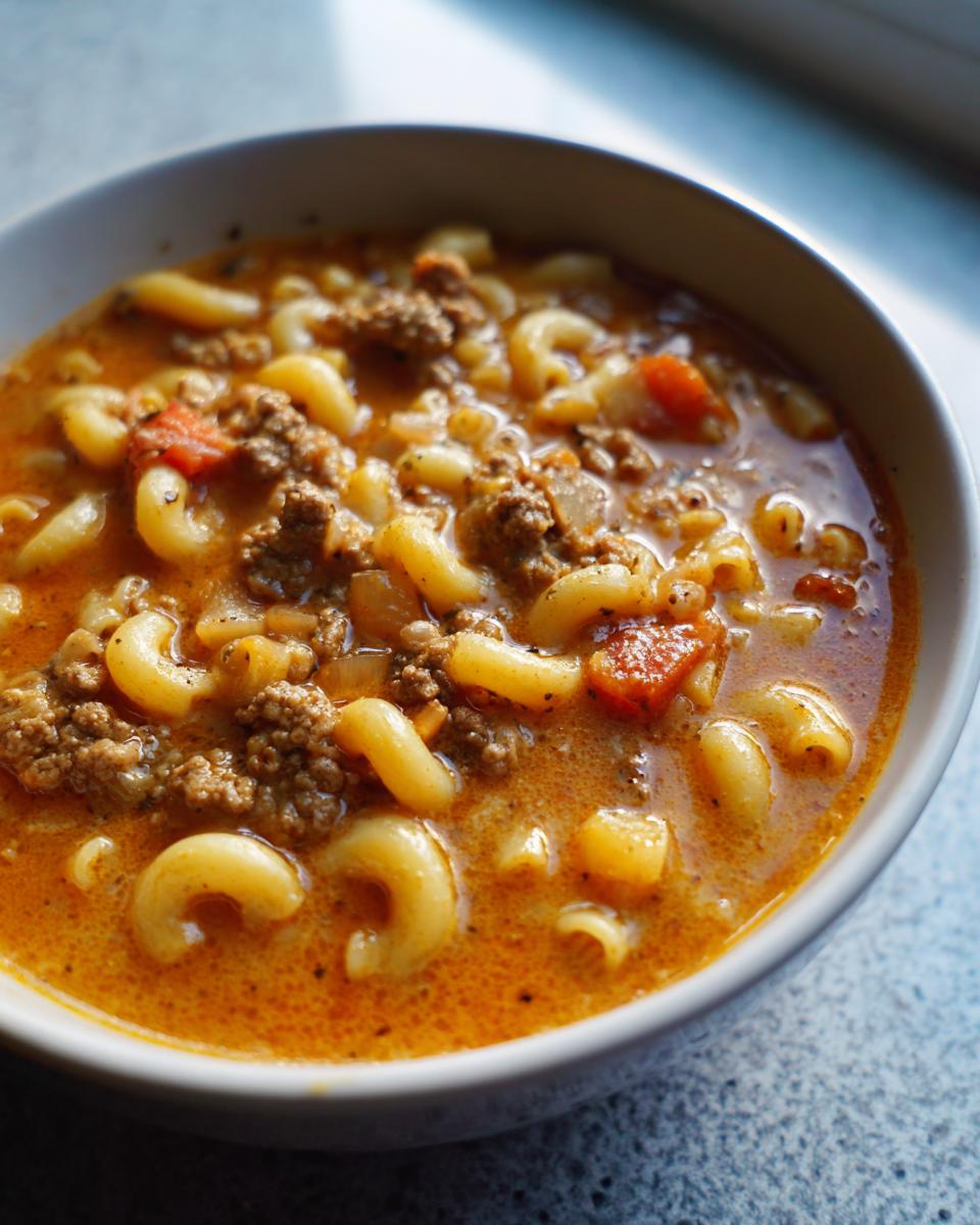 Eine Schüssel mit dampfender Eintopf-Makkaroni-Cheeseburger-Suppe, gefüllt mit Makkaroni, Hackfleisch und Tomaten.