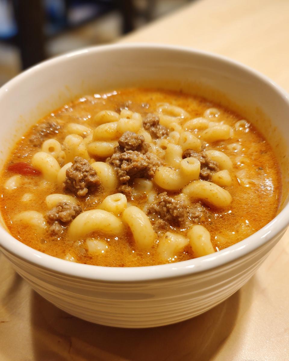 Eine Schüssel mit herzhafter Eintopf-Makkaroni-Cheeseburger-Suppe, gefüllt mit Makkaroni und Hackfleisch.