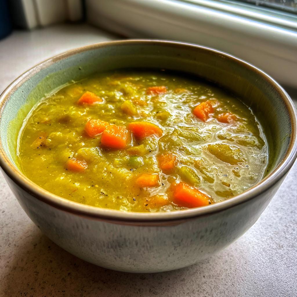 Eine dampfende Schüssel mit Erbsensuppe im Schnellkochtopf, garniert mit Karottenstücken.