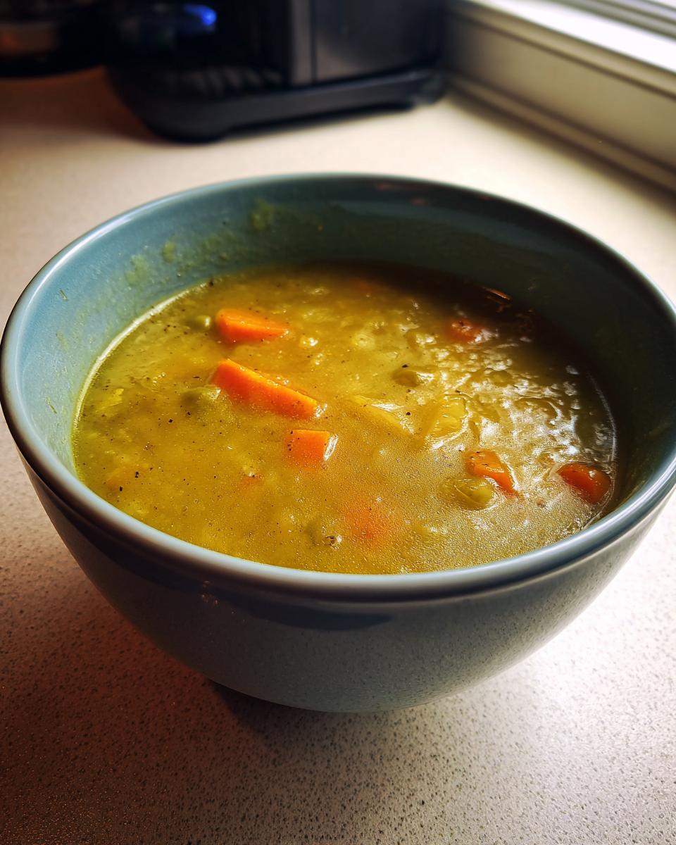 Eine Schüssel mit dampfender Erbsensuppe im Schnellkochtopf, garniert mit Karottenstücken.