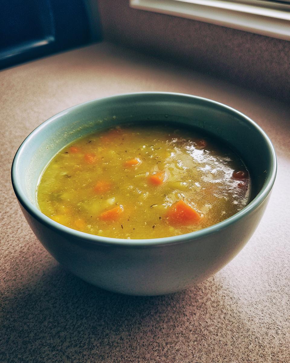 Eine dampfende Schüssel mit Erbsensuppe im Schnellkochtopf, garniert mit Karottenstückchen.