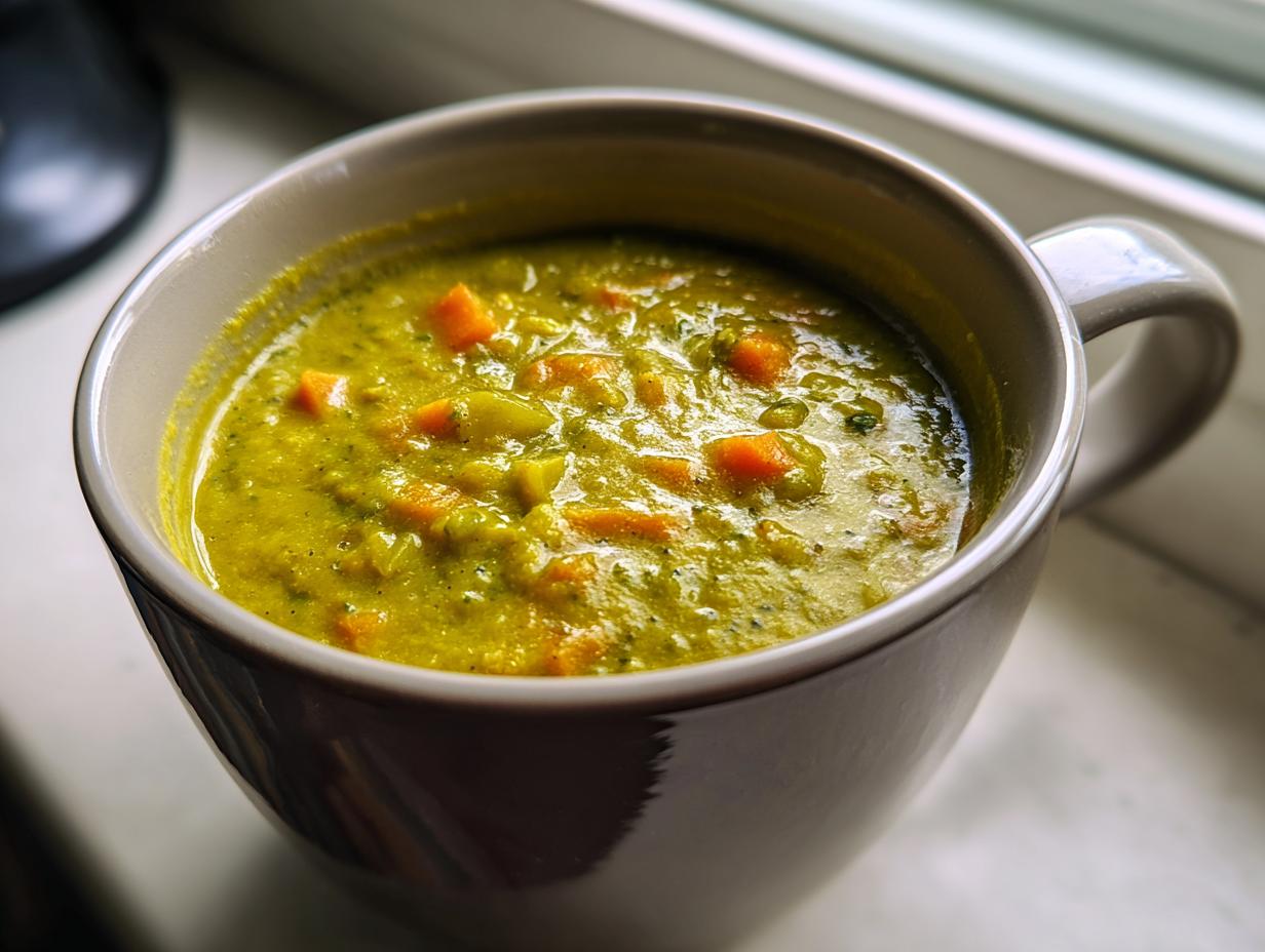 Eine dampfende Tasse Erbsensuppe im Schnellkochtopf mit Karottenstückchen und Kräutern.