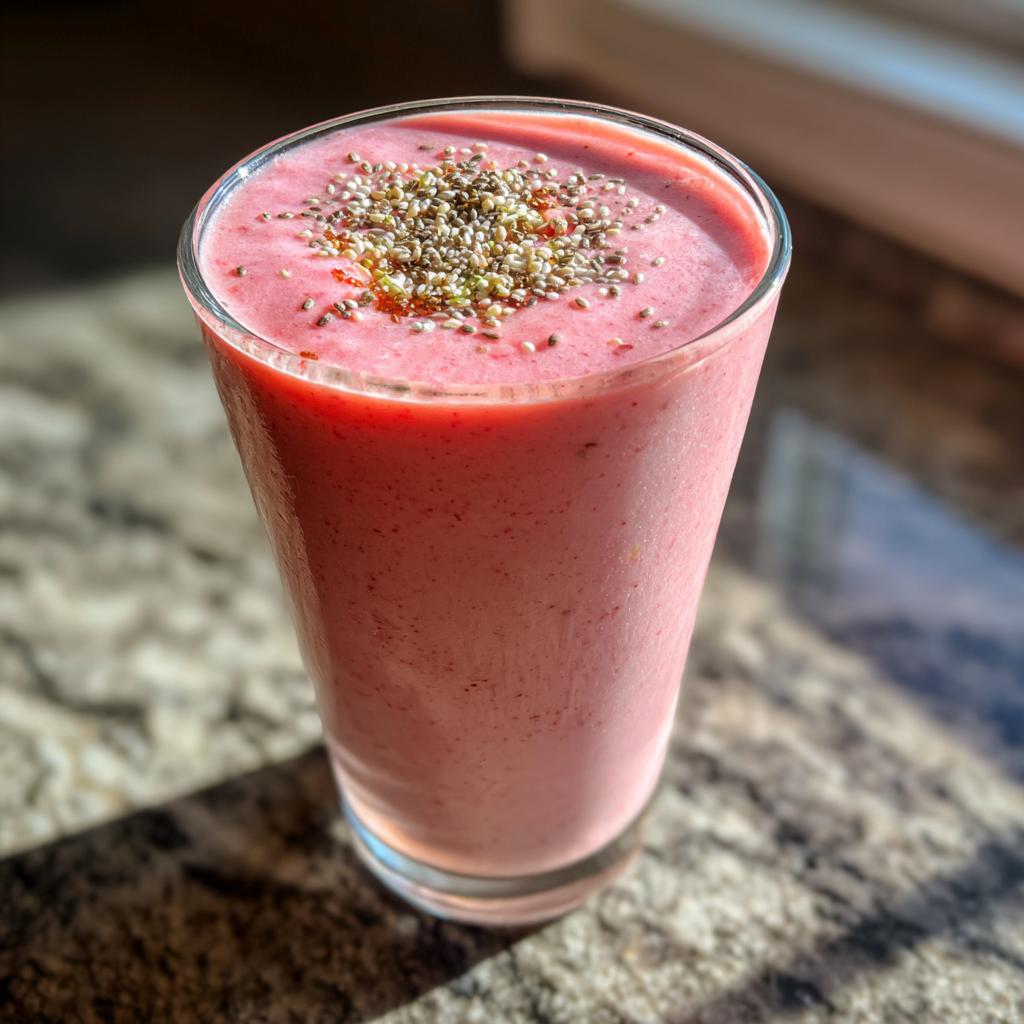 Ein erfrischender Erdbeer-Kokos-Smoothie mit Chiasamen garniert in einem Glas.