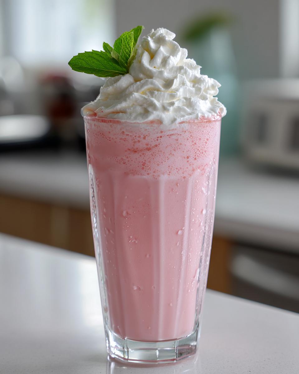 Ein erfrischender Erdbeer-Milchshake mit Vanilleeis und einer großzügigen Sahnehaube, garniert mit Minze.