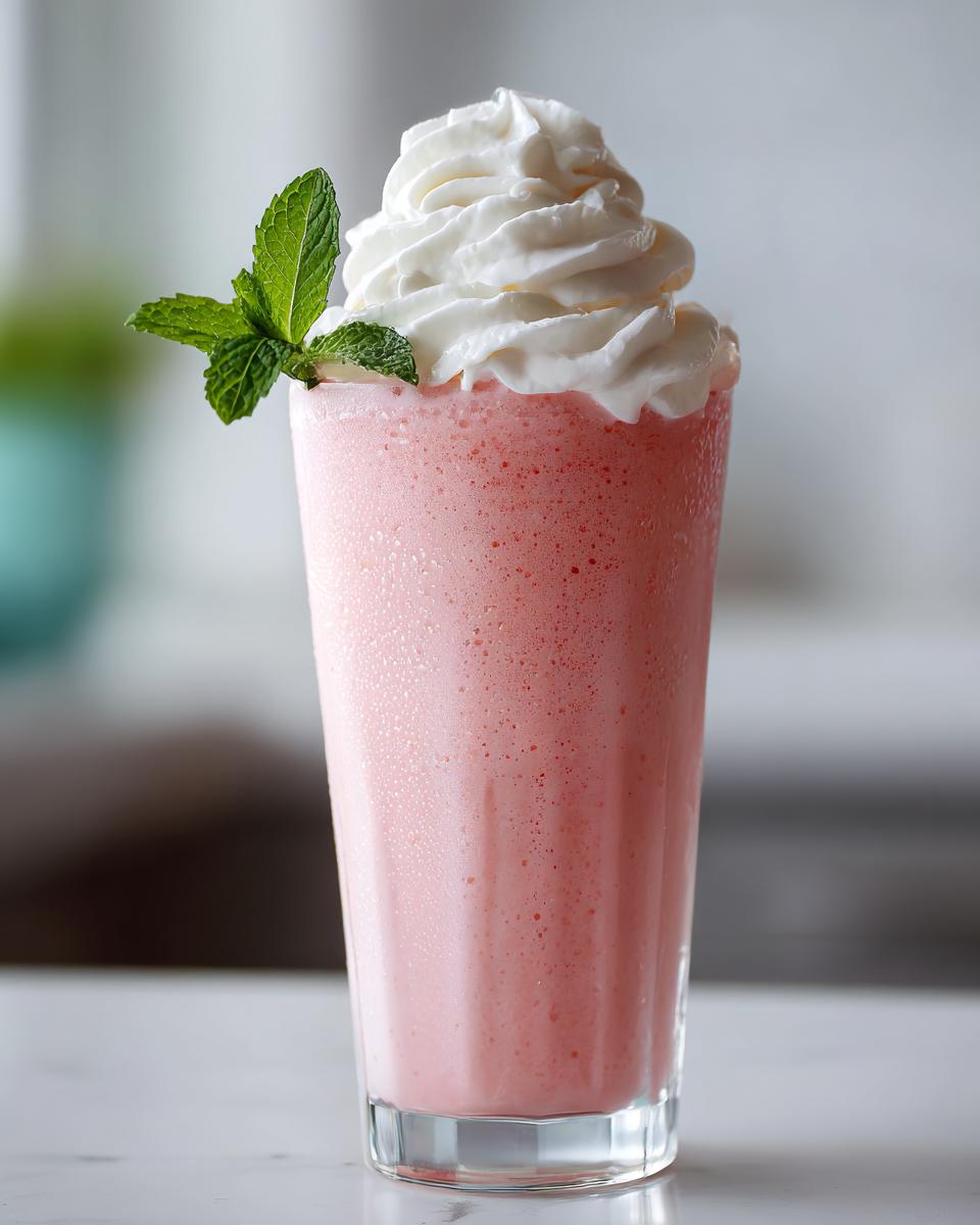 Ein erfrischender Erdbeer-Milchshake mit Vanilleeis & Sahnehaube, garniert mit Minze.