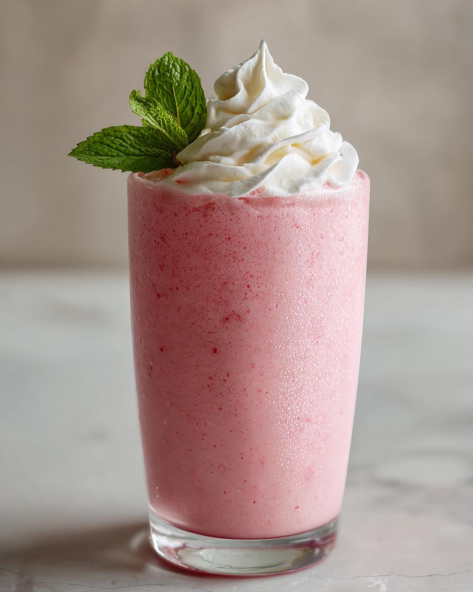 Ein Glas Erdbeer-Milchshake mit Vanilleeis & Sahnehaube, garniert mit frischer Minze.