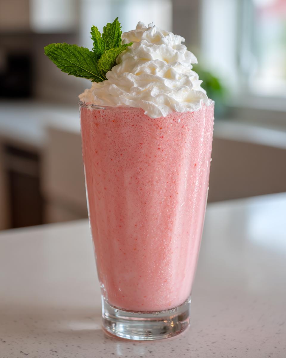 Ein erfrischender Erdbeer-Milchshake mit Vanilleeis & Sahnehaube, garniert mit frischer Minze.