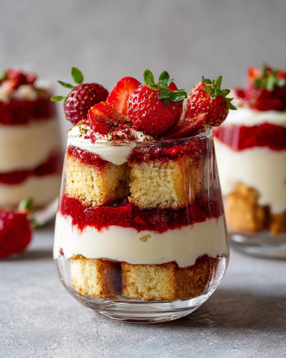Nahaufnahme eines Erdbeer-Tiramisu im Glas mit Schichten von Biskuit, Erdbeersoße und Creme, garniert mit frischen Erdbeeren.