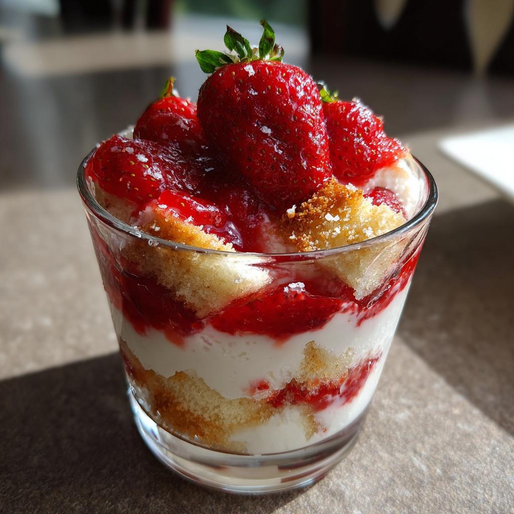 Nahaufnahme eines Erdbeer-Tiramisu im Glas mit saftigen Erdbeeren, cremiger Mascarpone und Biskuitstücken.