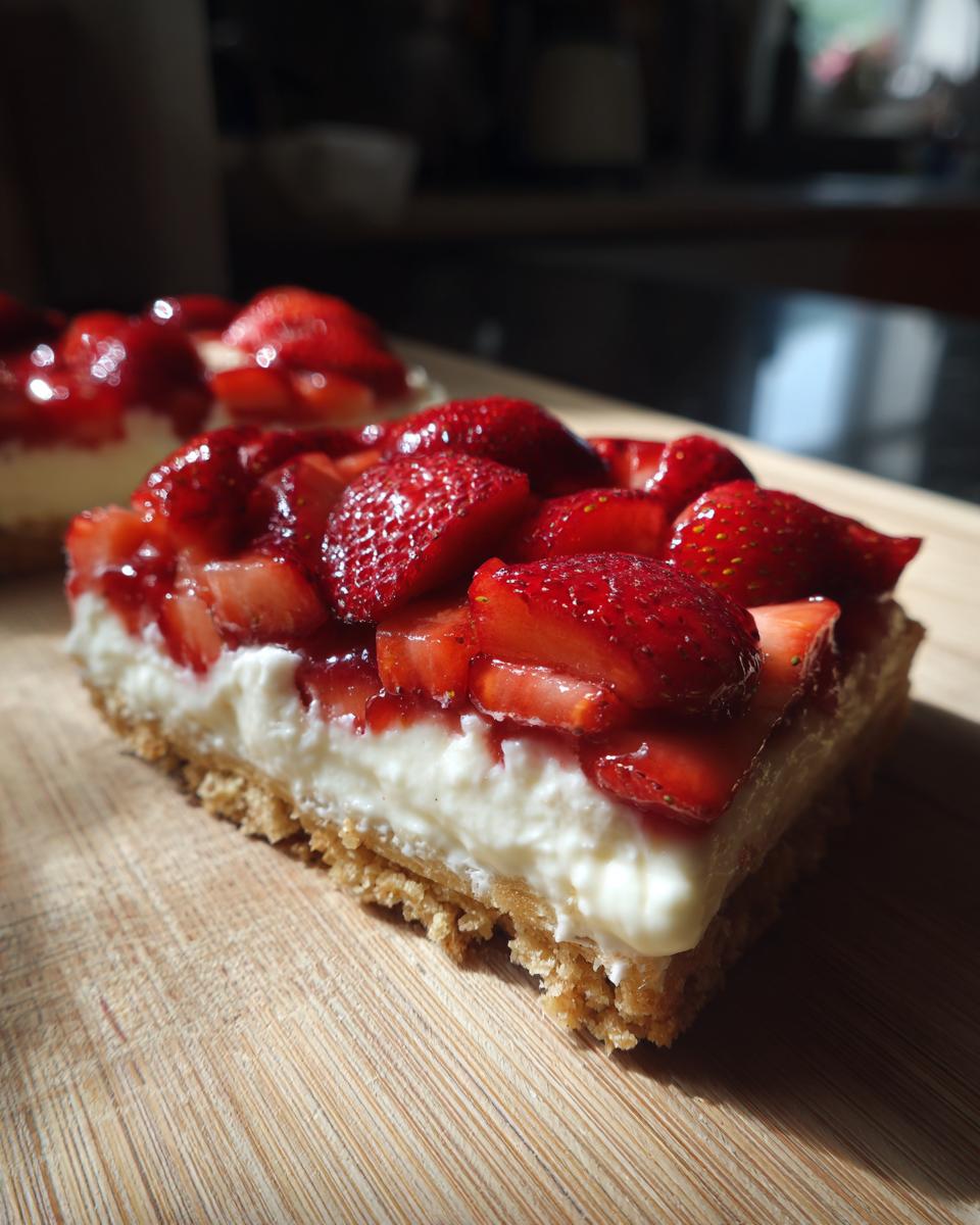 Nahaufnahme einer saftigen Erdbeer-Vanille-Schnitten mit cremigem Boden und frischen Erdbeeren.
