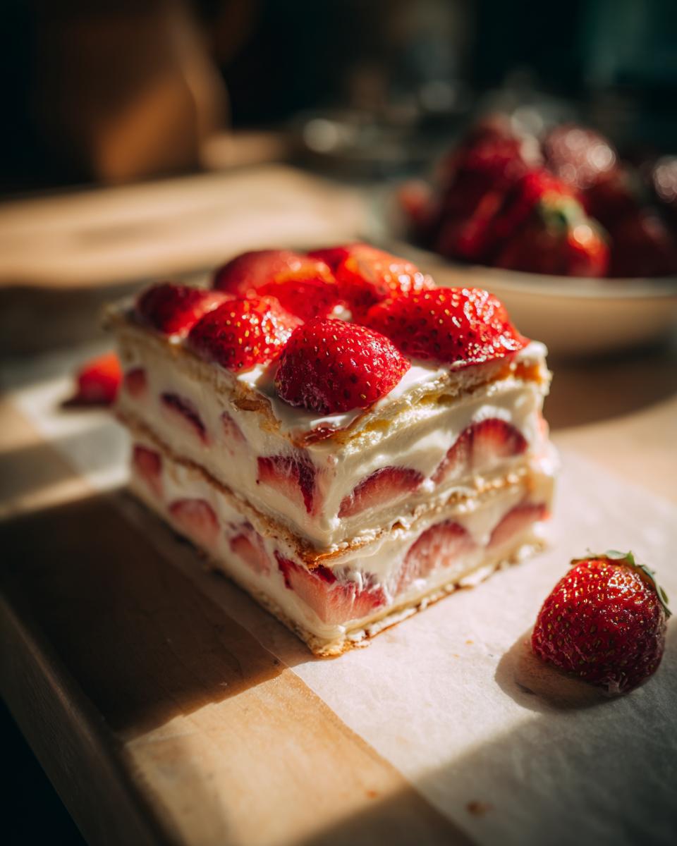Eine köstliche Erdbeer-Vanille-Schnitten, belegt mit frischen Erdbeeren, auf einem Holzbrett.