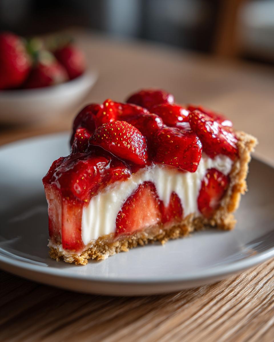 Ein Stück himmlische Erdbeer-Vanille-Schnitten auf einem Teller, mit frischen Erdbeeren und cremiger Füllung.