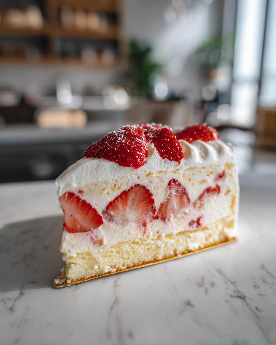 Ein köstliches Stück Erdbeer-Vanille-Schnitten mit frischen Erdbeeren und Sahne.