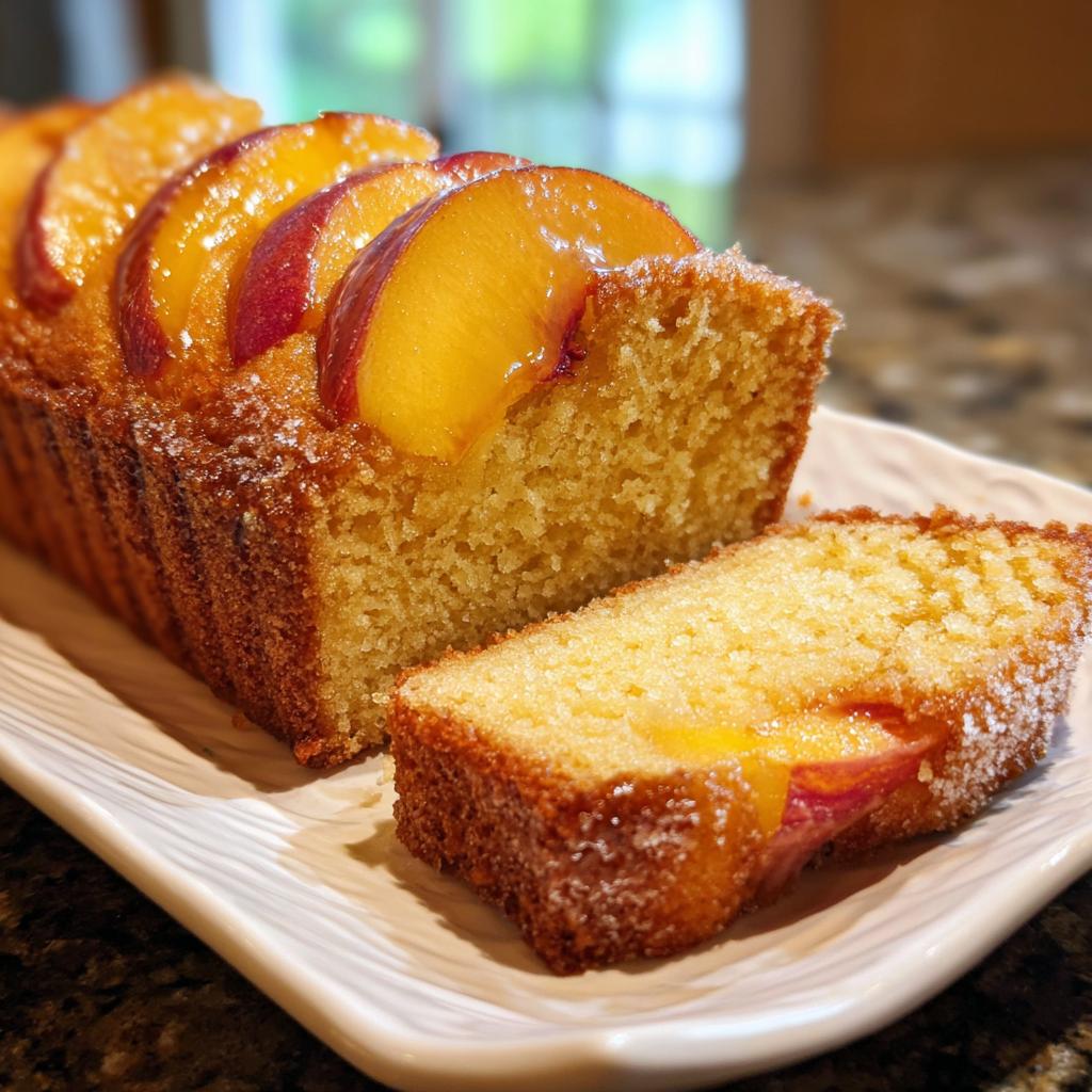 Ein saftiger Fanta-Kuchen mit Pfirsichen, mit einer Scheibe abgetrennt, die Pfirsichstücke zeigt.