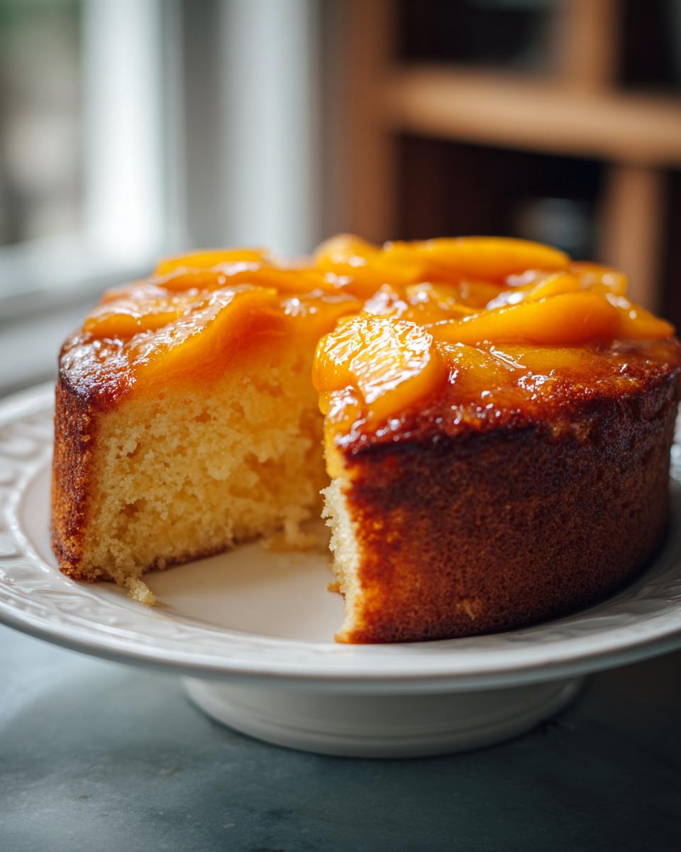 Ein Anschnitt von einem saftigen Fanta-Kuchen mit Pfirsichen, der auf einer Tortenplatte steht.
