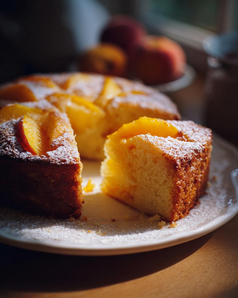 Ein Stück saftiger Fanta-Kuchen mit Pfirsichen, bestäubt mit Puderzucker, auf einem Teller.