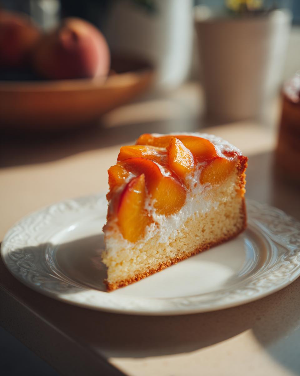 Ein Stück saftiger Fanta-Kuchen mit Pfirsichen, bedeckt mit Sahne und frischen Pfirsichstücken.