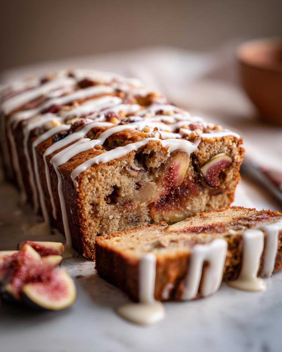 Anschnitt eines saftigen Feigen-Walnuss-Kuchens mit Zimtglasur und frischen Feigenspalten.