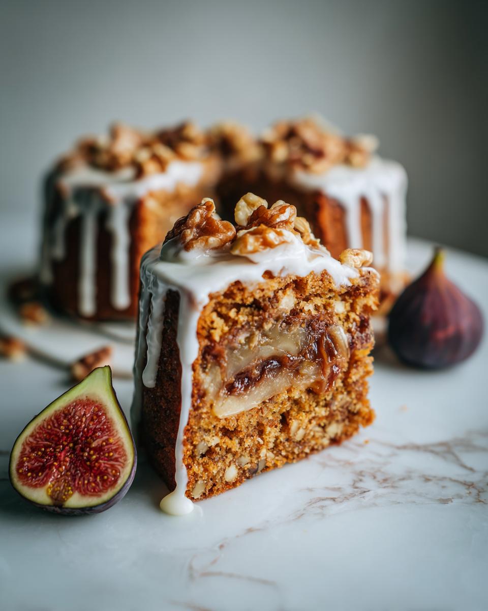Ein saftiger Anschnitt von Feigen-Walnuss-Kuchen mit Zimtglasur, garniert mit Walnüssen und frischen Feigen.