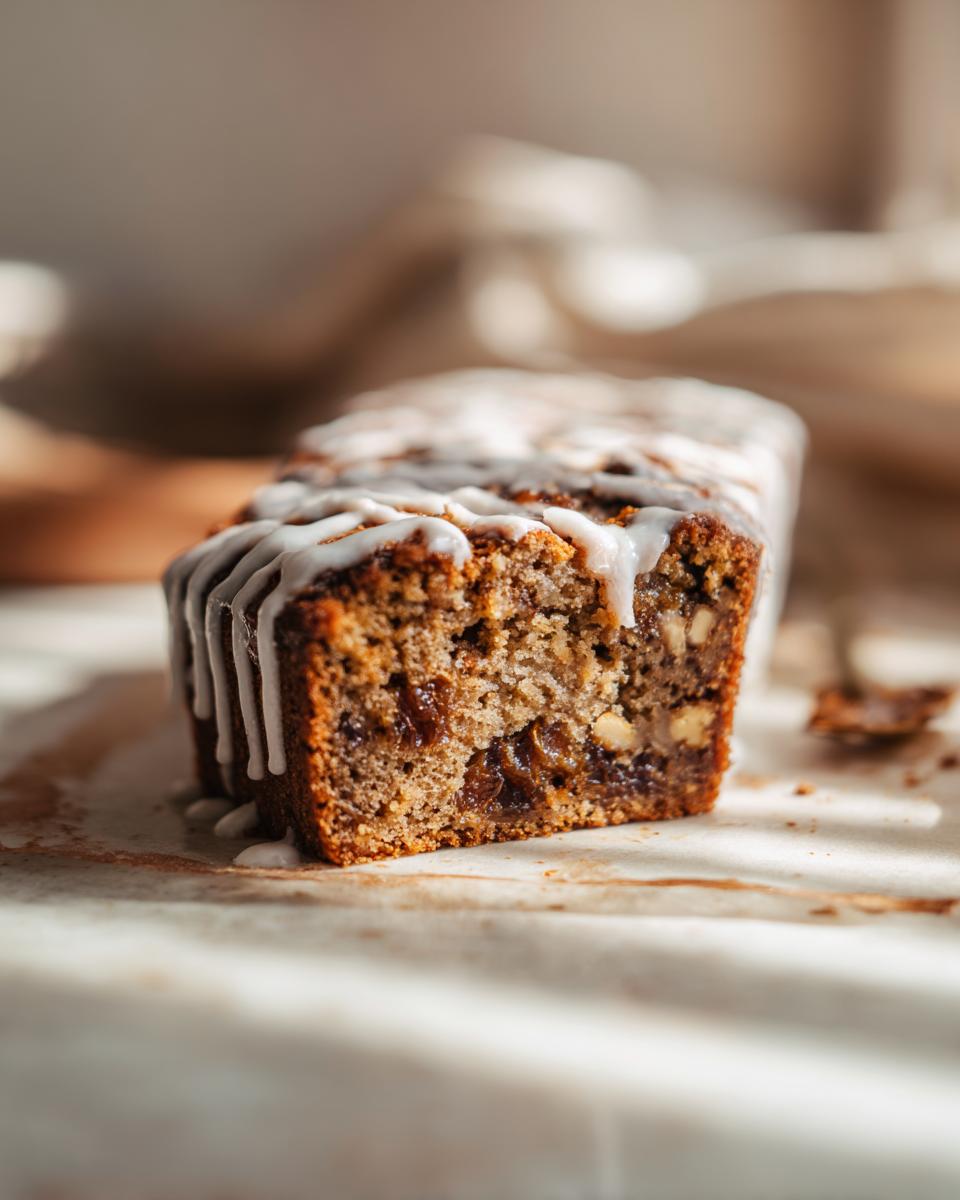 Ein Anschnitt von saftigem Feigen-Walnuss-Kuchen mit einer zarten Zimtglasur.