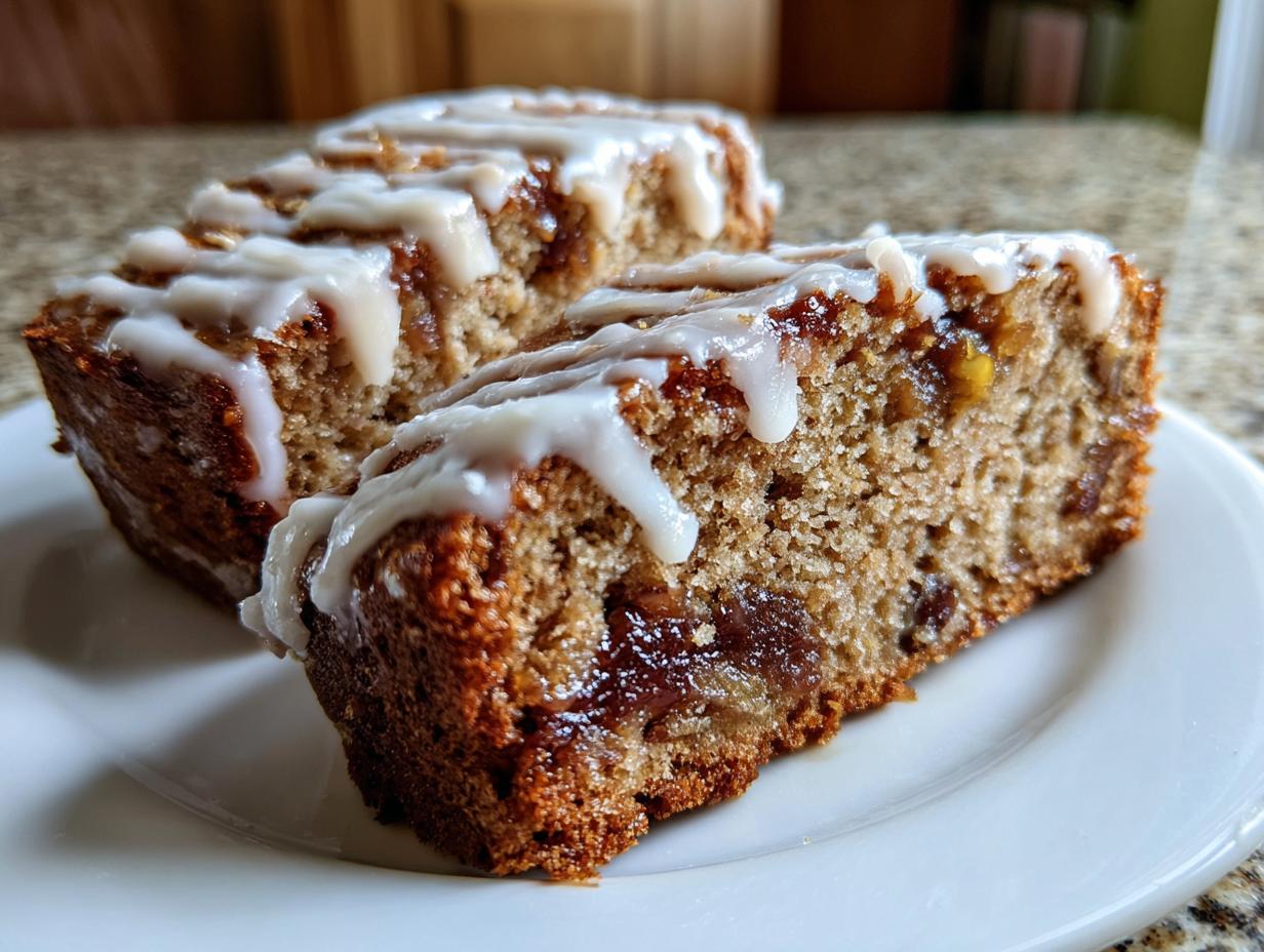Zwei saftige Stücke Feigen-Walnuss-Kuchen mit einer zarten Zimtglasur, auf einem weißen Teller.