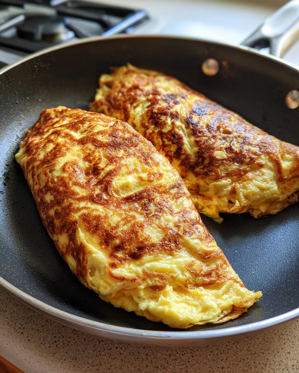 Zwei goldbraune, gefüllte Rührei-Omeletts in einer Pfanne, perfekt für Frühstücks-Burritos mit Käse.