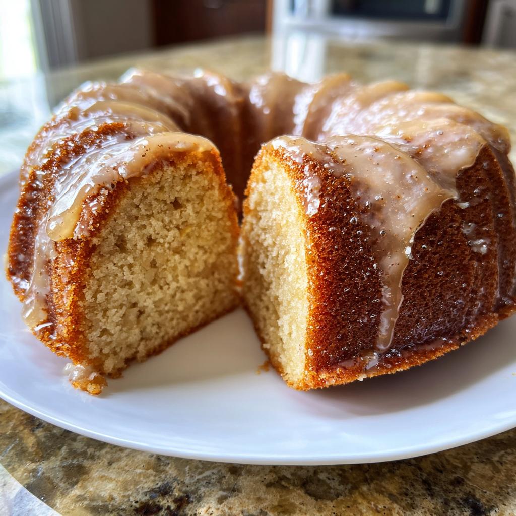 Anschnitt eines saftigen, gewürzten Apfelweinkuchens mit Ahornglasur auf einem weißen Teller.