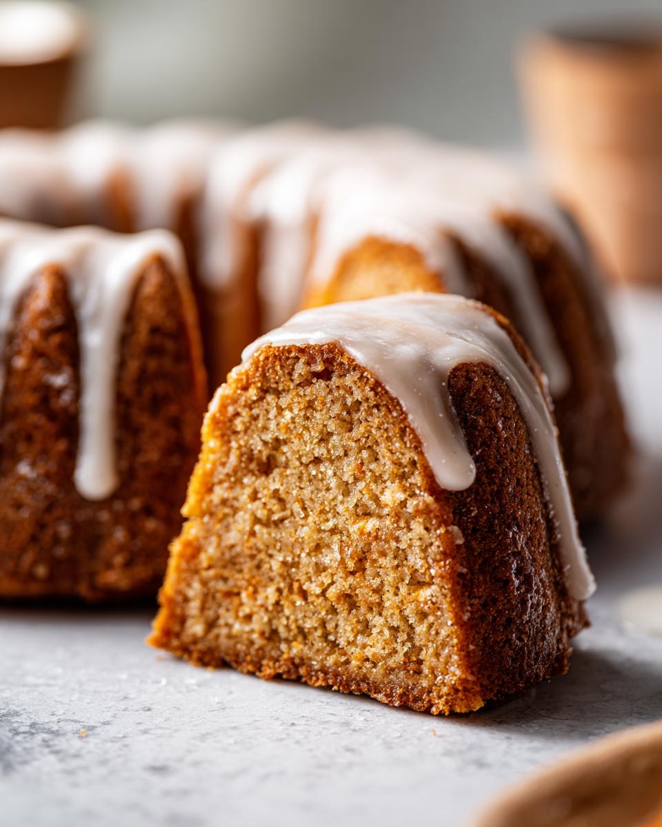 Ein Stück von unserem saftigen, gewürzten Apfelweinkuchen mit einer süßen Ahornglasur, perfekt für den Kaffeetisch.