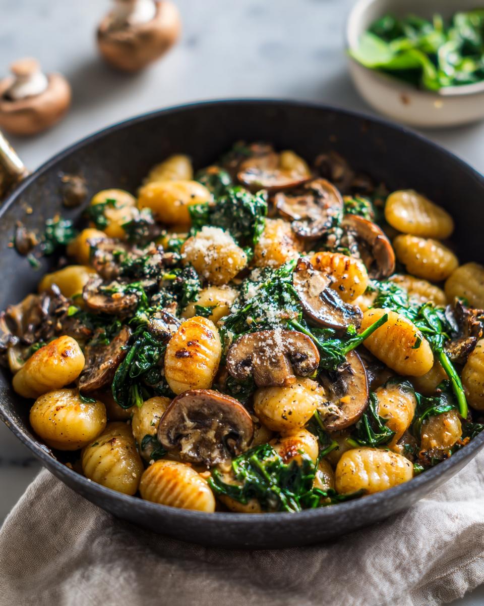 Eine köstliche Gnocchi-Pfanne mit Pilzrahm und Spinat, garniert mit Parmesan.