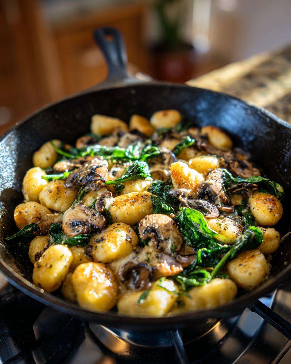 Eine köstliche Gnocchi-Pfanne mit Pilzrahm und Spinat, frisch zubereitet in einer Gusseisenpfanne.
