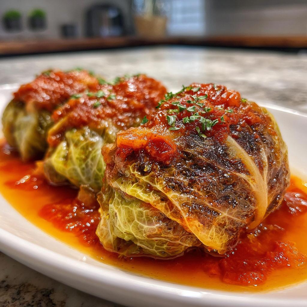 Drei Golubtsi – gefüllte Kohlrouladen mit Hackfleisch und Reis, serviert in einer würzigen Tomatensauce und mit Petersilie garniert.