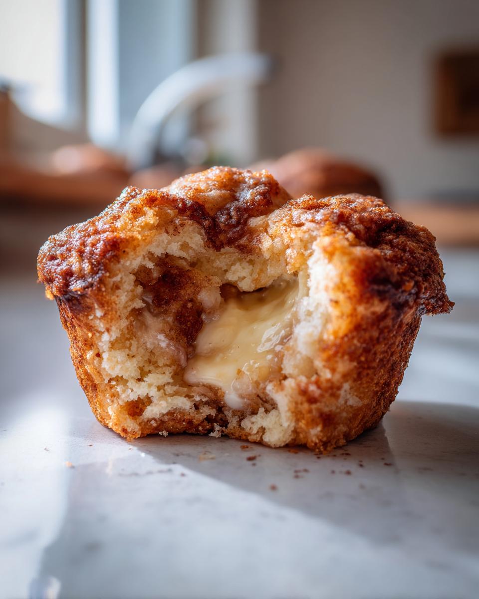 Nahaufnahme eines saftigen Gooey Cinnamon Cream Cheese Muffins mit einer cremigen Frischkäsefüllung, die herausläuft.