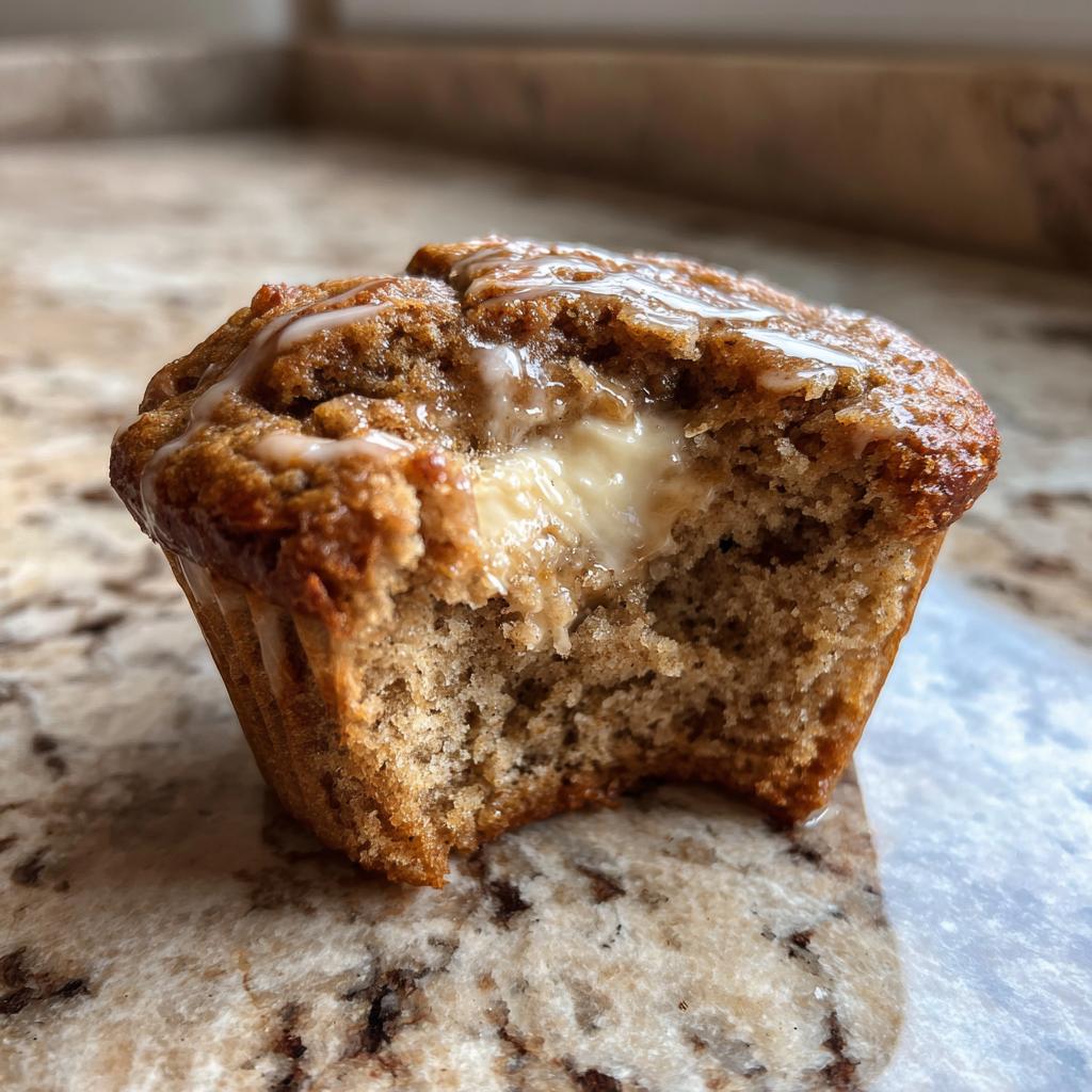 Ein aufgebissener, saftiger Muffin mit Zimt und einer cremigen Frischkäsefüllung, beträufelt mit Zuckerguss.