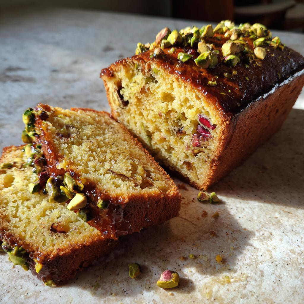 Ein Anschnitt von einem saftigen Granatapfel-Melasse-Kuchen mit Pistazien, beträufelt mit Glasur.