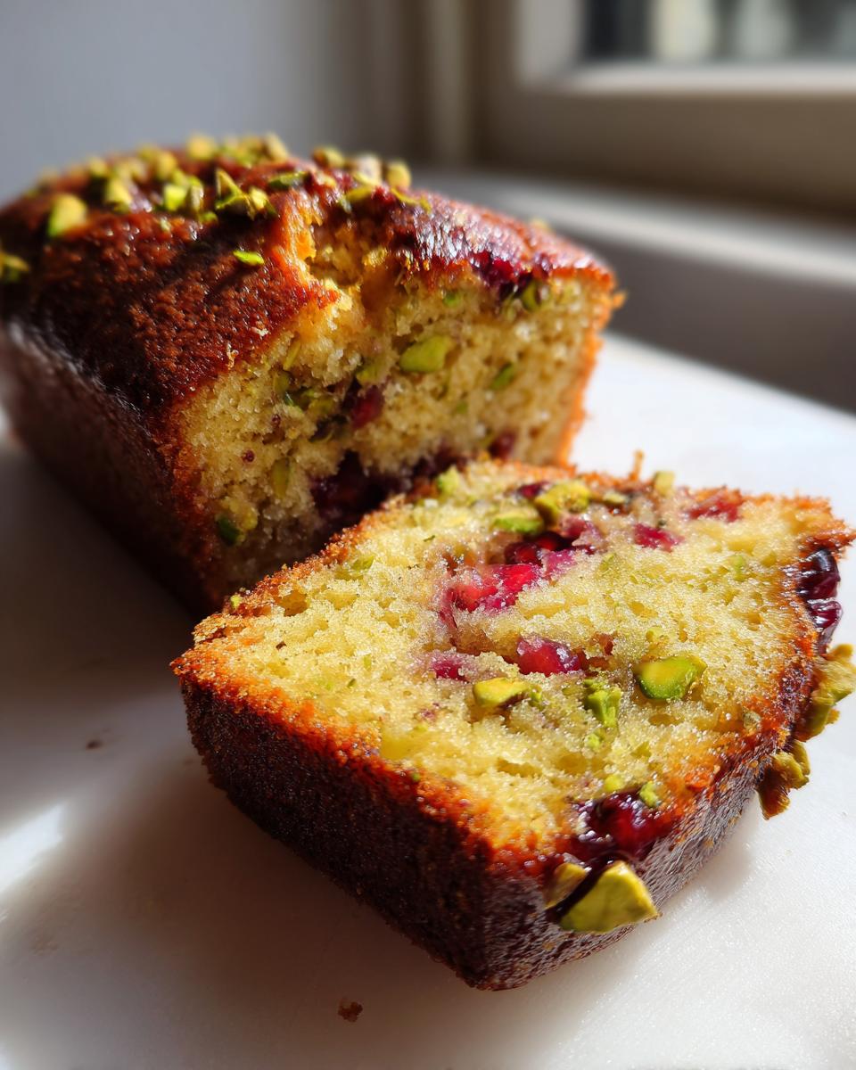 Nahaufnahme eines angeschnittenen Granatapfel-Melasse-Kuchens mit Pistazien, der saftig und voller Fruchtstücke aussieht.