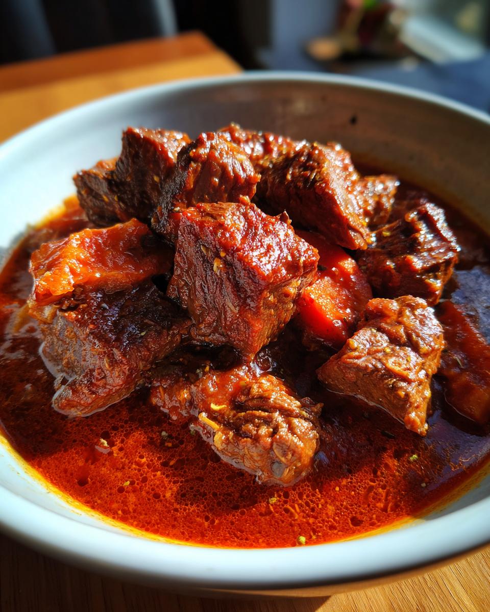 Ein Teller mit Gulasz Wolowy – Rindergulasch nach polnischer Art, das Fleisch ist zart und in einer würzigen Sauce.