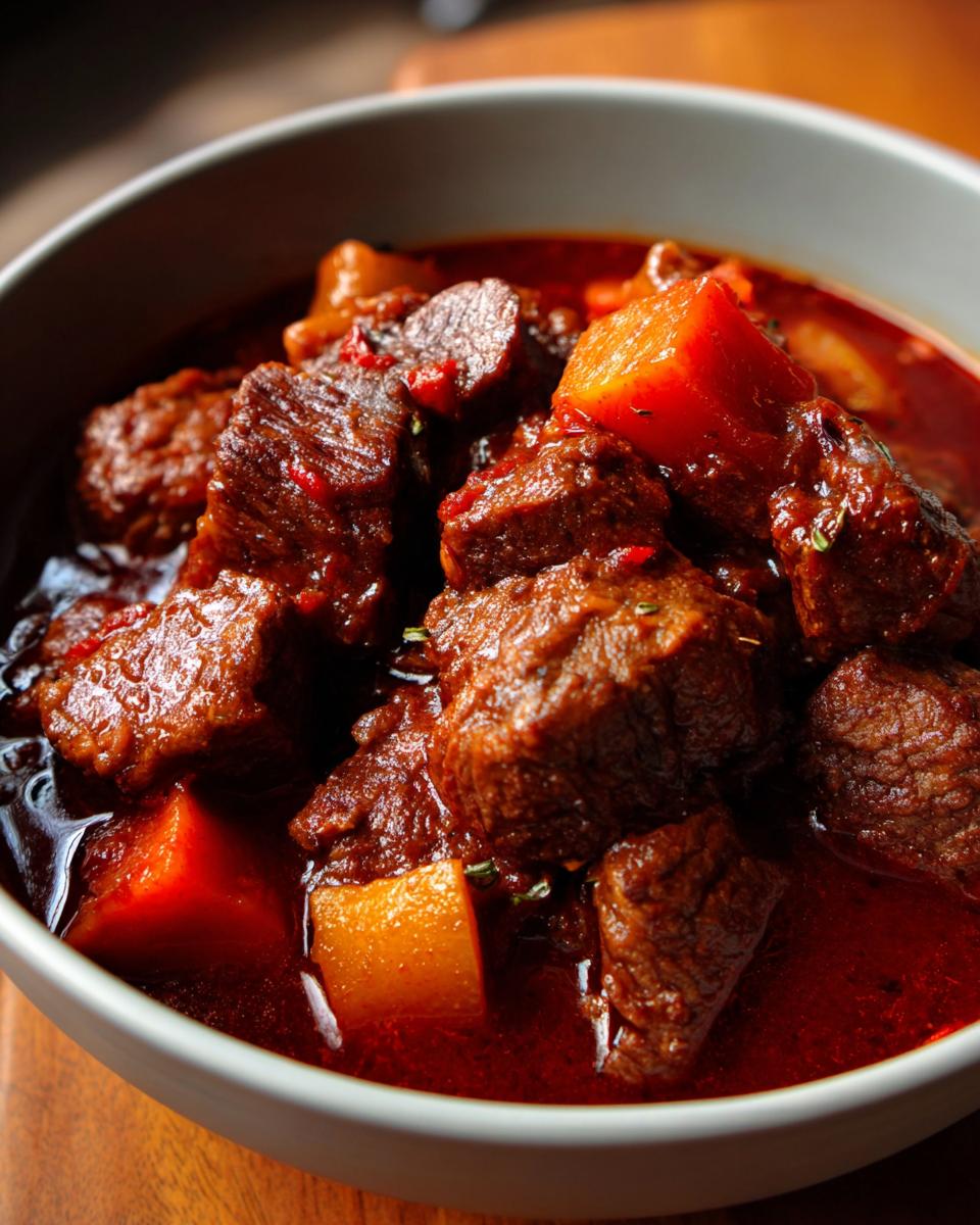 Nahaufnahme einer Schüssel mit Gulasz Wolowy, einem deftigen Rindergulasch nach polnischer Art, mit zarten Fleischstücken und Kartoffeln in einer tiefroten Sauce.