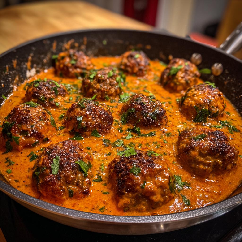 Nahaufnahme von Hackbällchen Toskana in einer leuchtend orangen Tomaten-Sahne-Sauce, bestreut mit Petersilie.