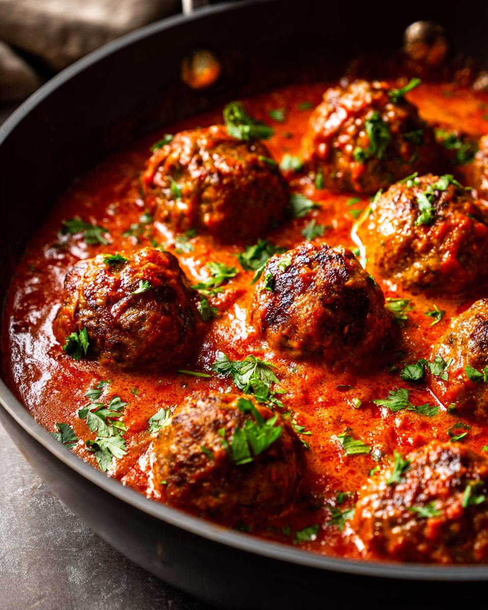 Saftige Hackbällchen Toskana in einer cremigen Tomaten-Sahne-Sauce, garniert mit frischer Petersilie.